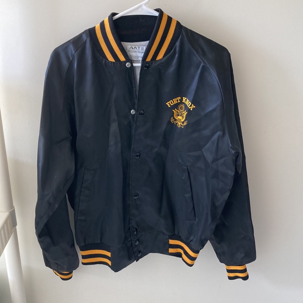 Vintage 80s Artex Black Satin Official Army Fort Knox Bomber Jacket Sz Med EUC